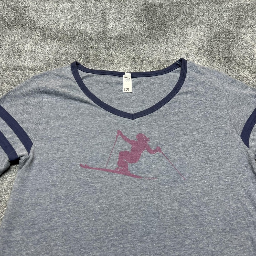 Flylow Shirt Womens Large Gray Ski Graphic Ringer V Neck Striped Short Sleeve - Picture 2 of 9